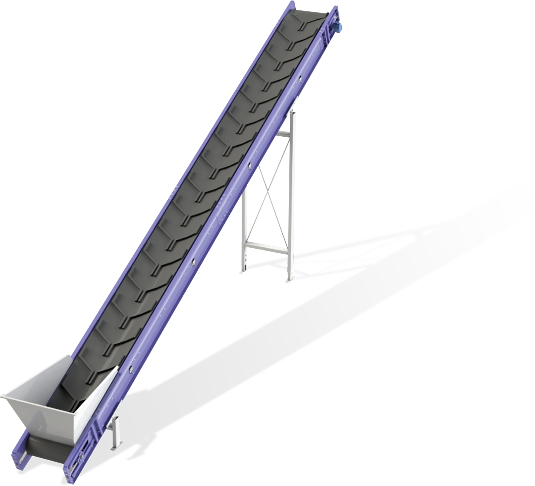 Illustration eines Muldenförderbands mit strukturierter Gurtoberfläche und stabilem Untergestell – maßgeschneiderte Fördertechnik von A.H. Meyer für Schüttguttransport in Industrieanlagen.