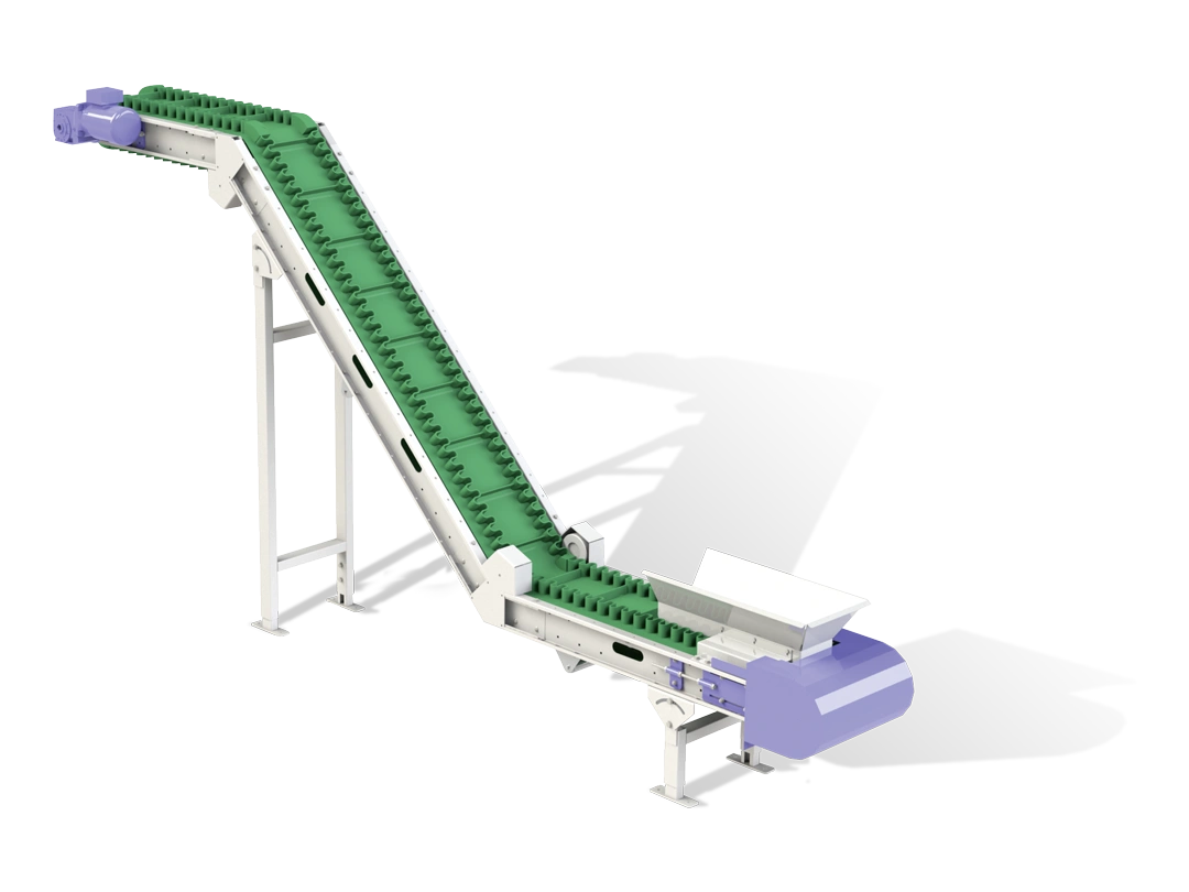 Z-Förderer in robuster 3D-Darstellung – platzsparende Förderlösung für die automatische Übergabe von Schüttgut in der Industrie.