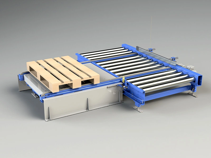 Automatischer Eckumsetzer mit Rollenfördertechnik – platzsparende Palettenübergabe von A.H. Meyer für effiziente Förderstreckenplanung.