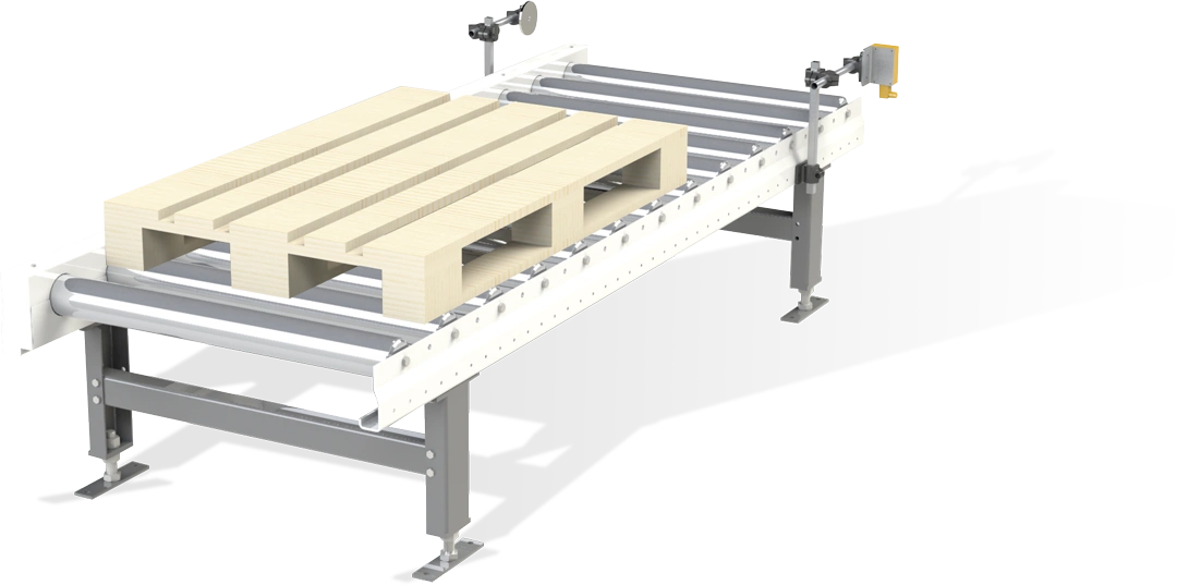 3D-Darstellung eines Rollenförderers von AH Meyer mit Holzpalette – effiziente Fördertechnik für Palettenhandling im Sondermaschinenbau und der innerbetrieblichen Logistik