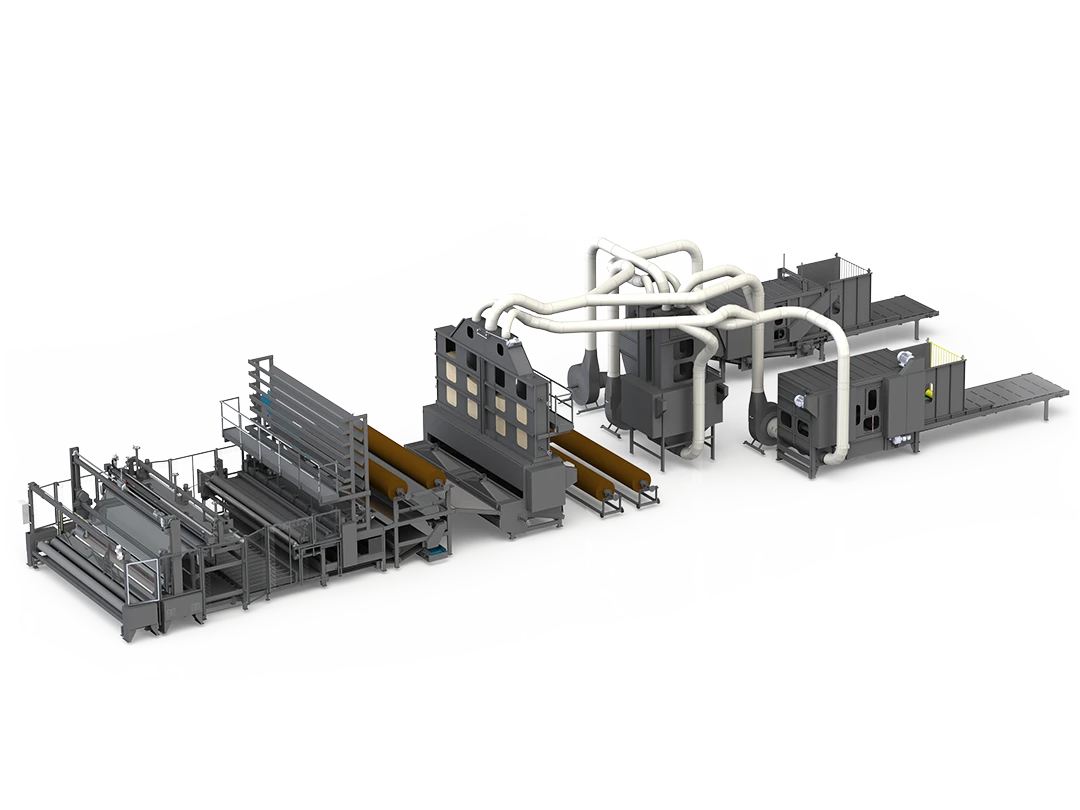 3D illustration of a mat production line with conveyor units, winding station