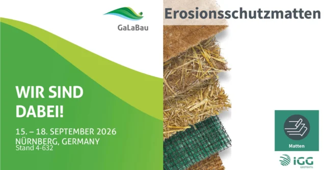 Die ersten Wochen entscheiden über den Begrünungserfolg.

Frisch angesäte Böschungen sind besonders empfindlich: Die Vegetation ist noch offen und Wurzeln können den Boden noch nicht stabilisieren. Erosionsschutzmatten schützen die Oberfläche unmittelbar vor Regen und Oberflächenabfluss.

IGG bietet natürliche und synthetische Varianten – unter anderem mit Stroh, Stroh-Kokos oder Kokos sowie verstärkte Systeme für höhere Belastungen. Die Auswahl richtet sich nach Neigung, Boden, Erosionsrisiko und gewünschter Funktionsdauer.

Welche Matte passt zu Ihrem Projekt? Bringen Sie Ihre Aufgabenstellung mit zur GaLaBau.

📍 Stand 4-632

#Erosionsschutzmatte #Böschungssicherung #Begrünung #Naturfasern #GaLaBau2026